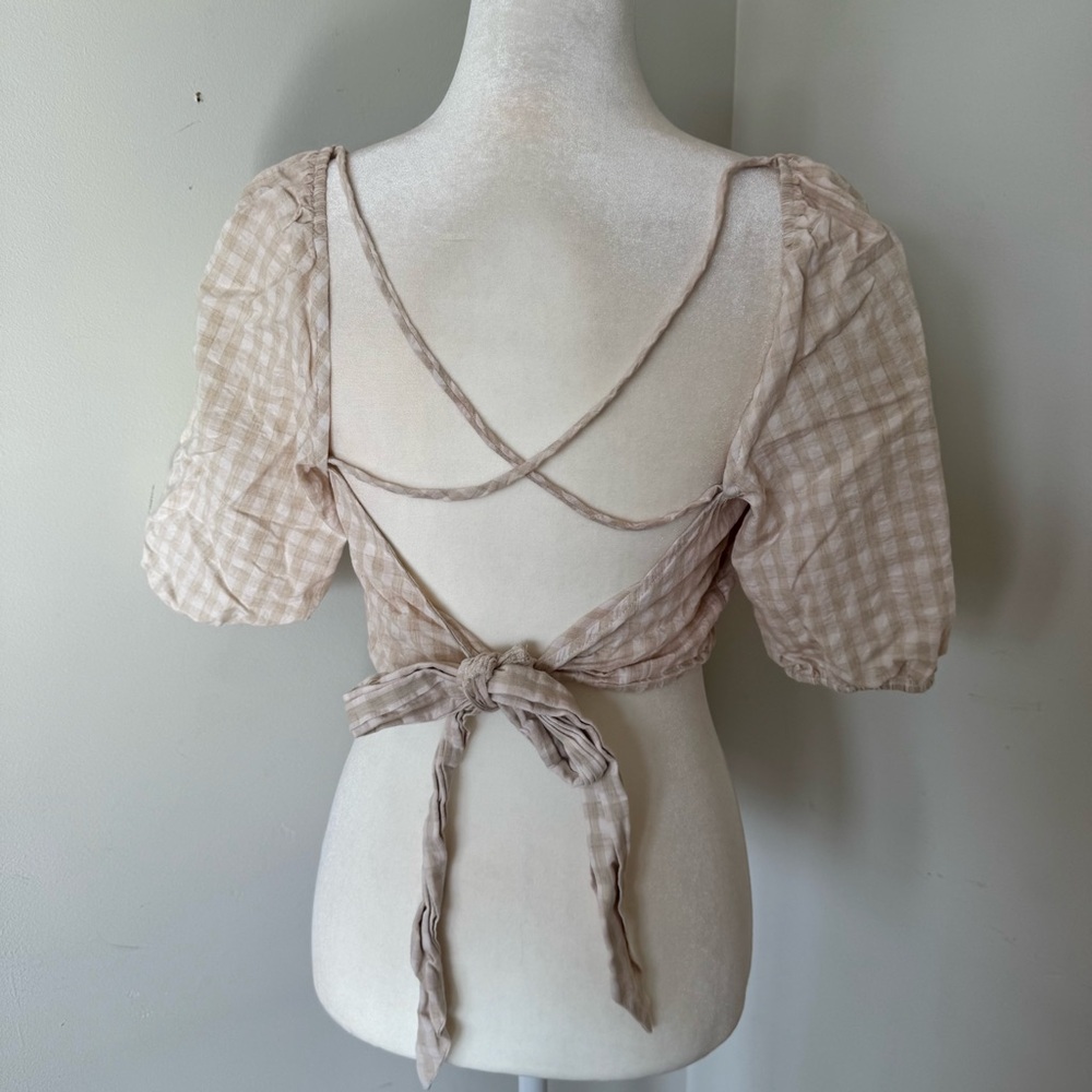H&M Beige Gingham Puff Sleeve Linen-Blend Tie-Back Crop Top Size Large
